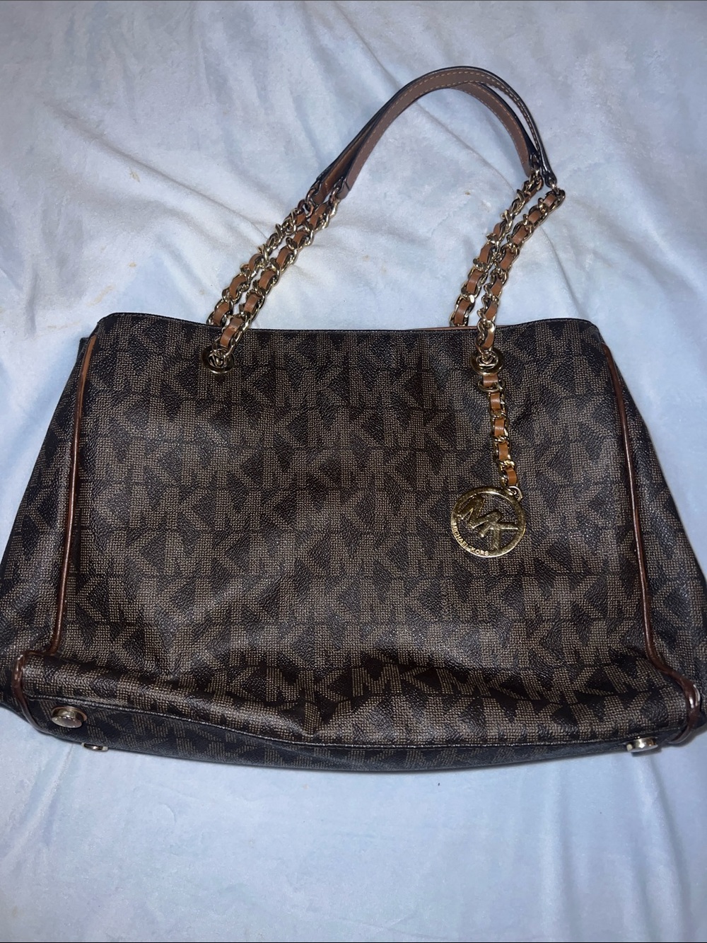 Michael Kors Dark Brown Logo Chain Tote with Gold Accent